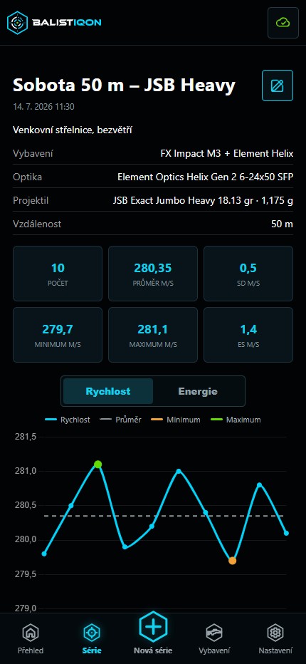 Detail měřicí série v mobilním klientu BALISTIQON