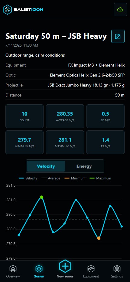 Measurement-series detail in the BALISTIQON mobile client