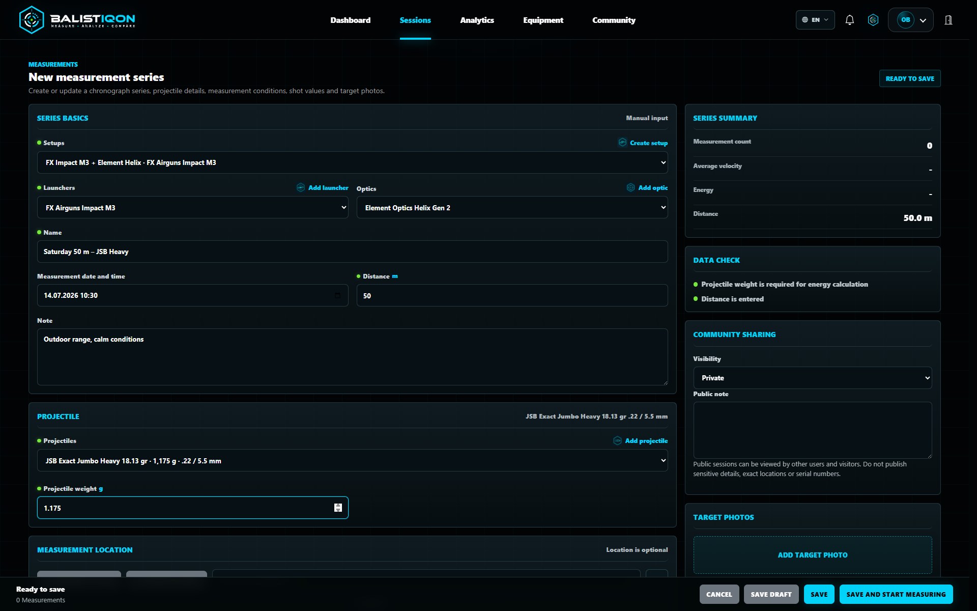 Creating a new measurement series in BALISTIQON